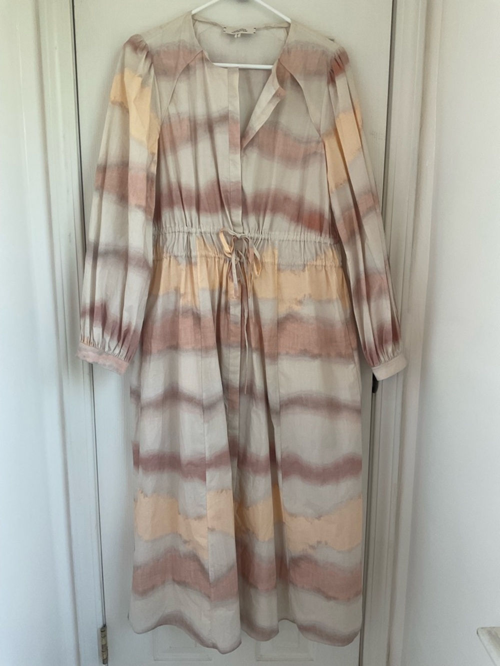 Striped Long Sleeve Maxi Dress Drawstring Waist Cream Blush 20” by 48”